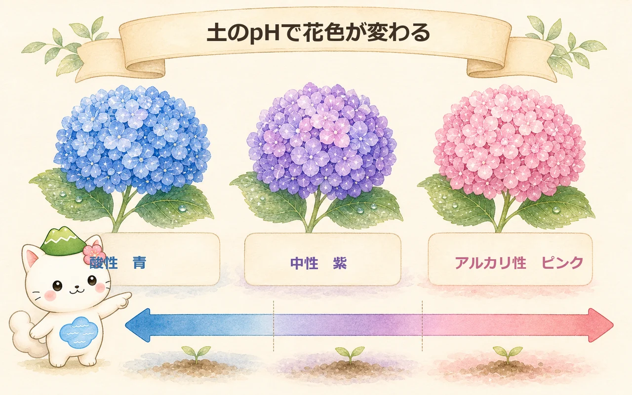 土の酸性度と花色の関係（酸性＝青、中性＝紫、アルカリ＝ピンク）の図解