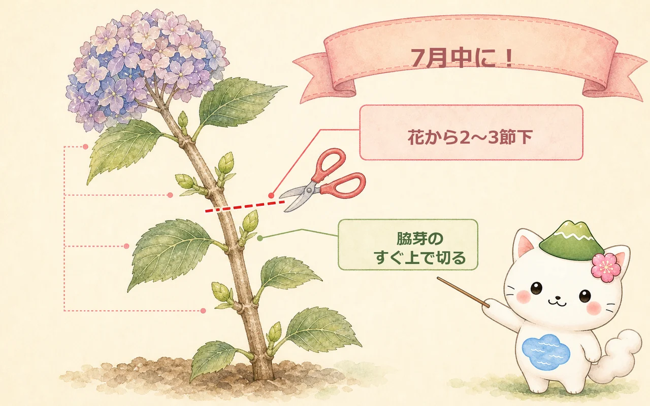 旧枝咲きアジサイの剪定位置（花から2節下の脇芽の上で切る）を示す図解