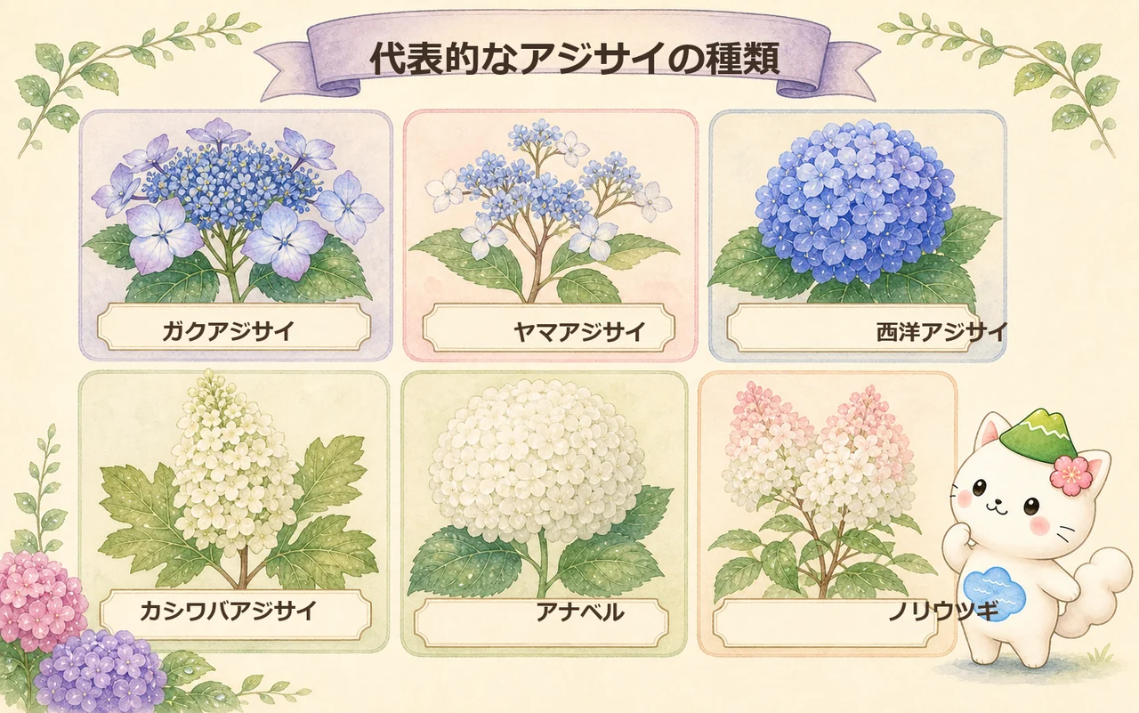 ガクアジサイ・ヤマアジサイ・西洋アジサイ・アナベル・ノリウツギ・カシワバアジサイの水彩ミニ図鑑