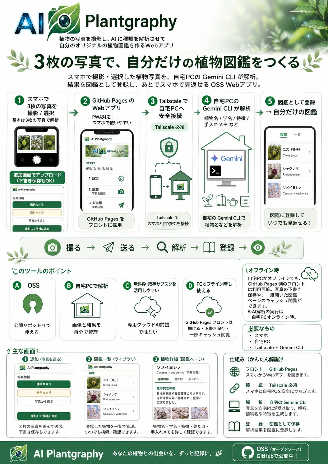 AI Plantgraphy の概要を1枚にまとめた図解。撮影、AI解析、図鑑への記録、オフライン閲覧などの流れを示す