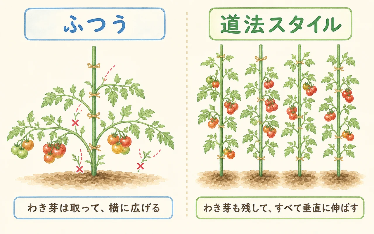 脇芽を摘んで横に広げる通常仕立てと、脇芽も残して全部を垂直に立てる道法スタイルを並べて比べた図解