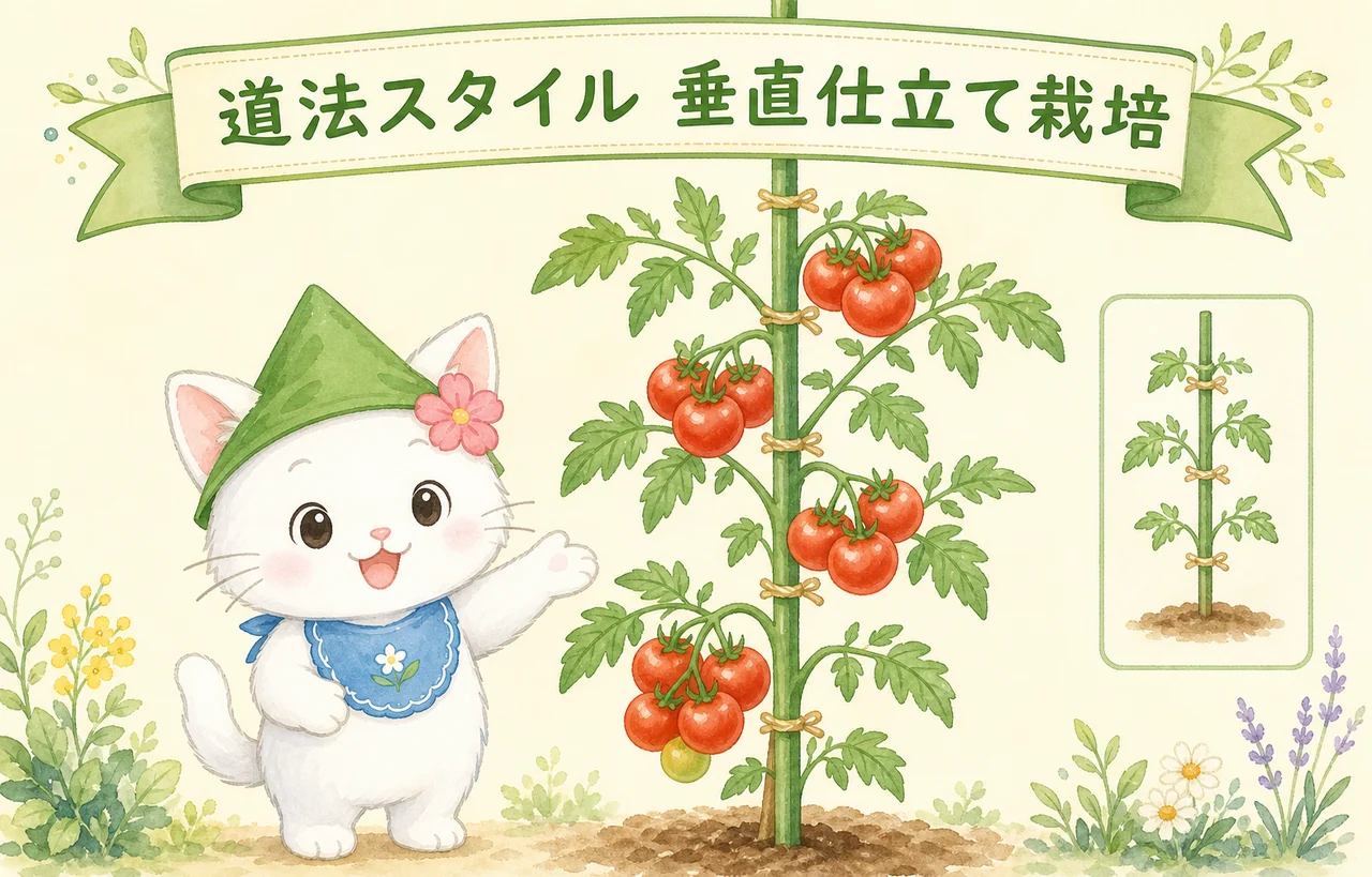 はるにゃさんが垂直に仕立てたトマトのそばに立つ道法スタイルの図解