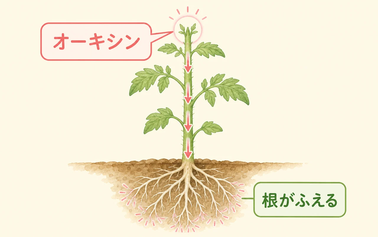 垂直に立てると新芽でつくられたオーキシンが茎をまっすぐ下って根に届き発根を促すしくみの図解
