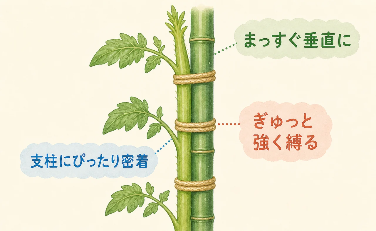 枝を支柱にぴったり密着させ、麻ひもでぎゅっと強く縛って垂直に立てる手順の図解