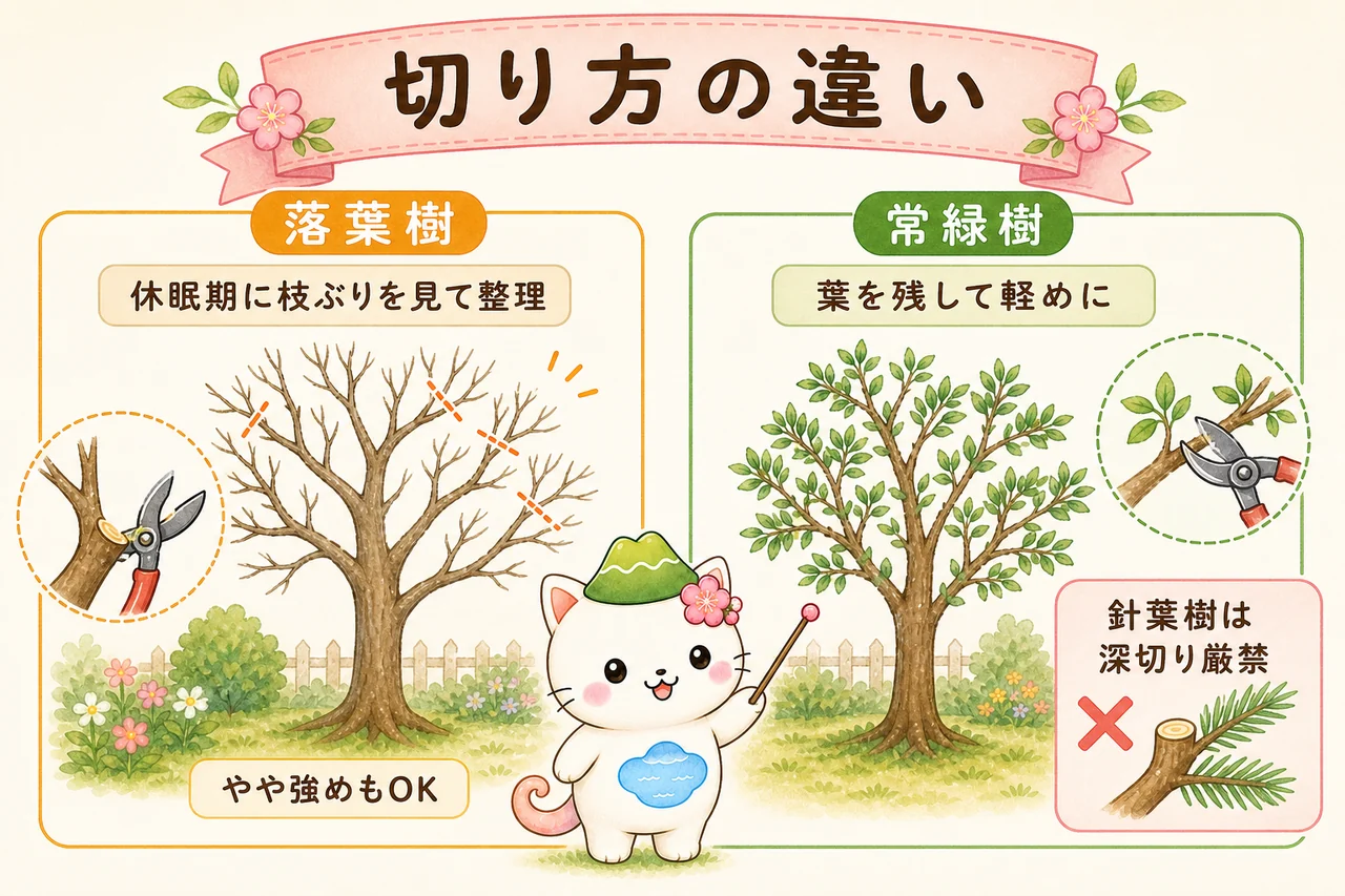 落葉樹は休眠期に強めの剪定もしやすく、常緑樹は葉を残して軽めに切ることを示す図解