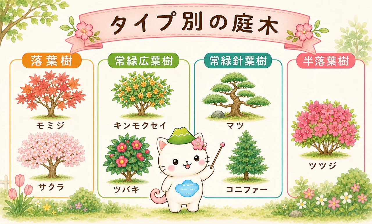 落葉樹・常緑広葉樹・常緑針葉樹・半落葉樹の代表的な庭木を示す図解