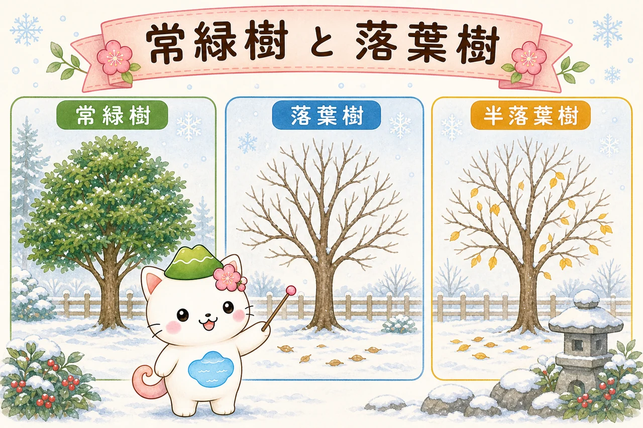 常緑樹と落葉樹の冬の姿の違いを説明する図解