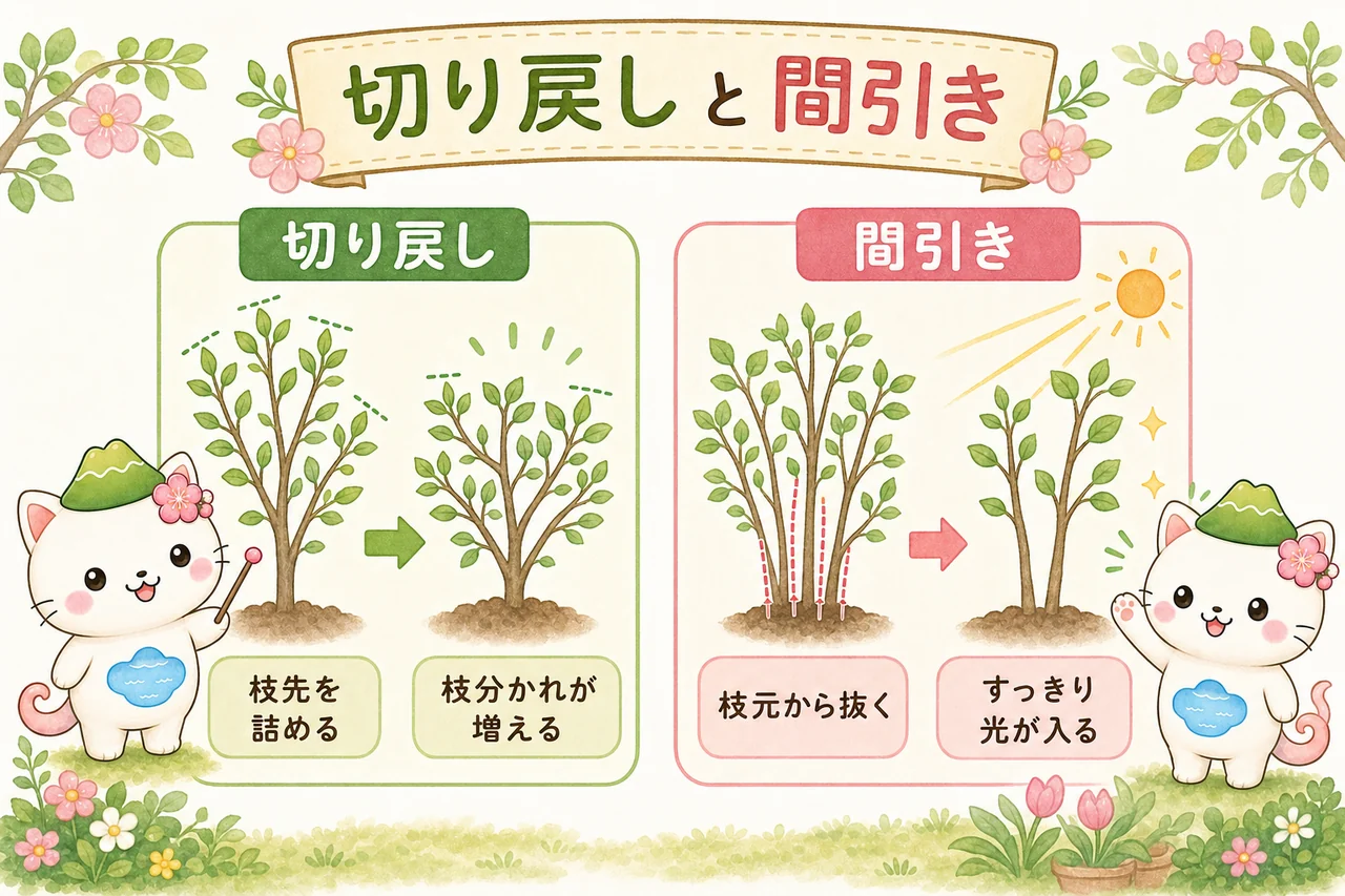 切り戻し（枝先を詰めると枝分かれが増える）と間引き（枝元から抜くとすっきり光が入る）の違いを示す図解