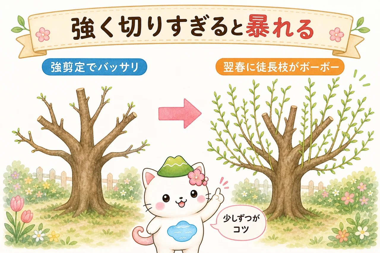 強剪定でバッサリ切ると翌春に徒長枝が暴れることを示す図解