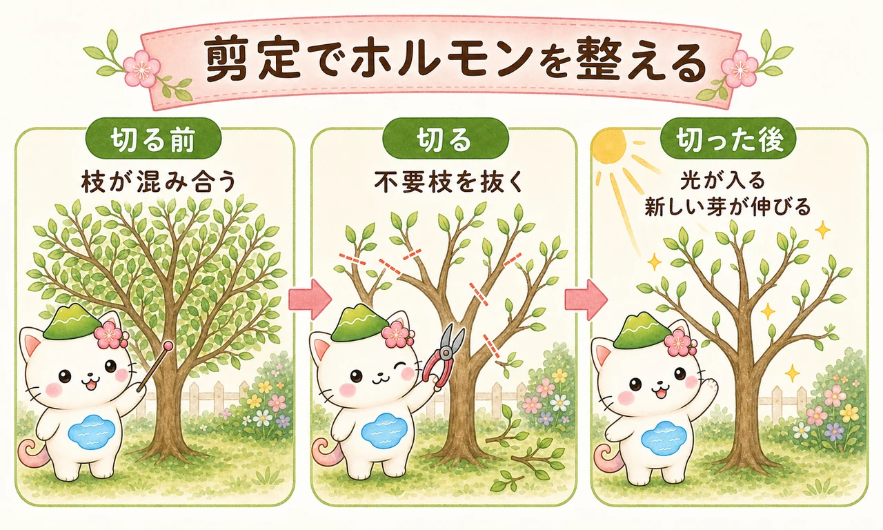 剪定の前・切る・切った後で、ホルモンの流れと芽の動きが変わることを示す図解