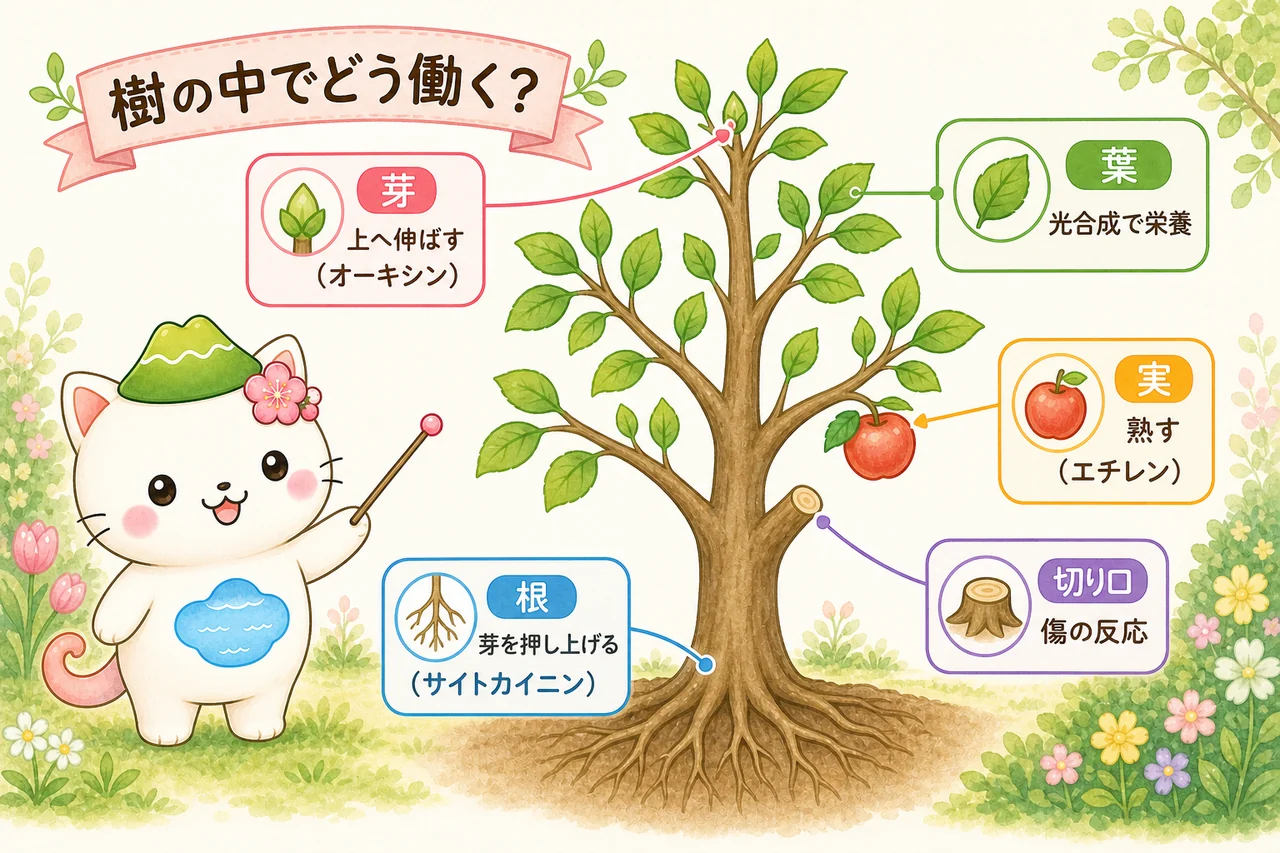 芽・葉・根・実・切り口で植物ホルモンがどう働くかを示す図解