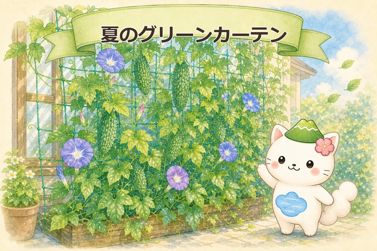 はるにゃさんが窓辺のグリーンカーテンのそばに立つ水彩イラスト