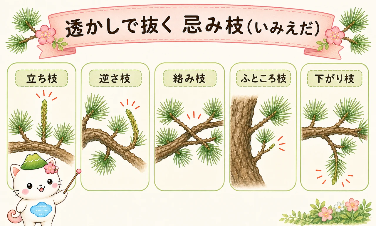 透かし剪定で抜く忌み枝（立ち枝・逆さ枝・絡み枝・ふところ枝・下がり枝）を示す図解