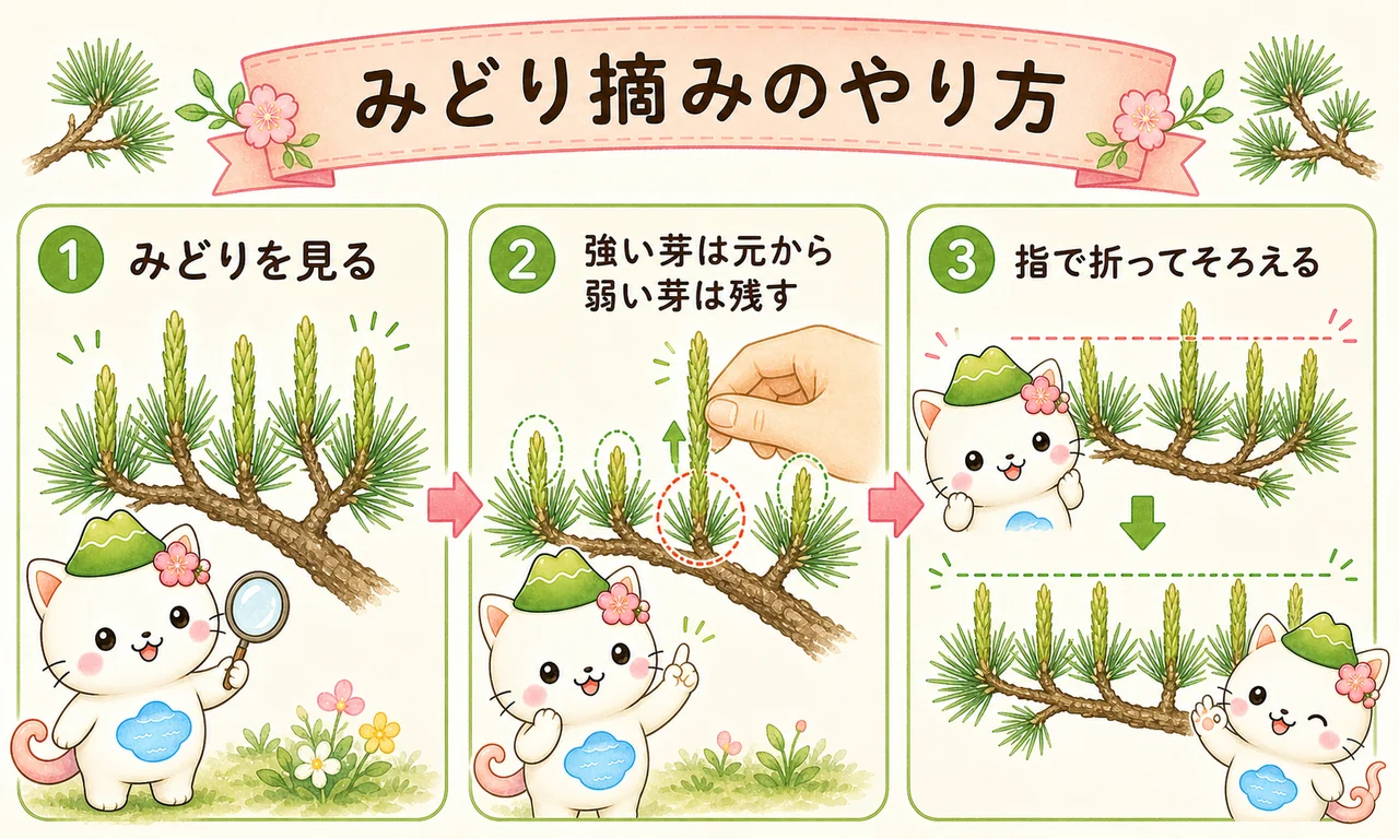みどり摘みのやり方（新芽を見る・強い芽は元から弱い芽は残す・指で折って強さをそろえる）を示す図解