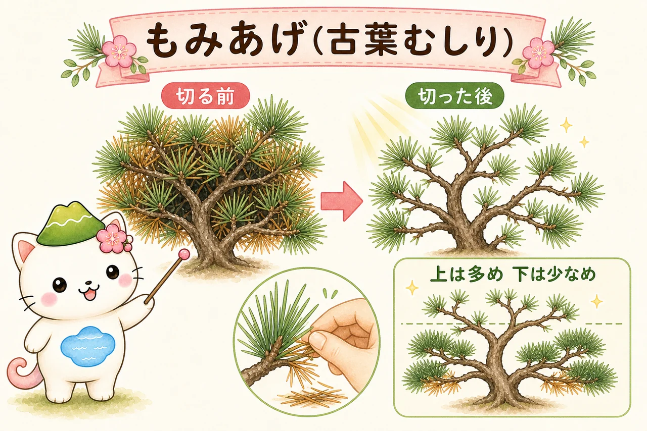 もみあげ（古い葉を手でむしって減らし、枝の内側に光を入れる）を示す図解