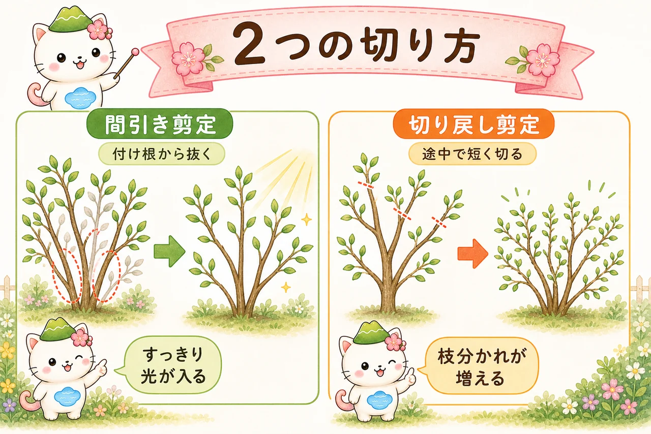 はるにゃさんが剪定の2つの切り方を説明する図解