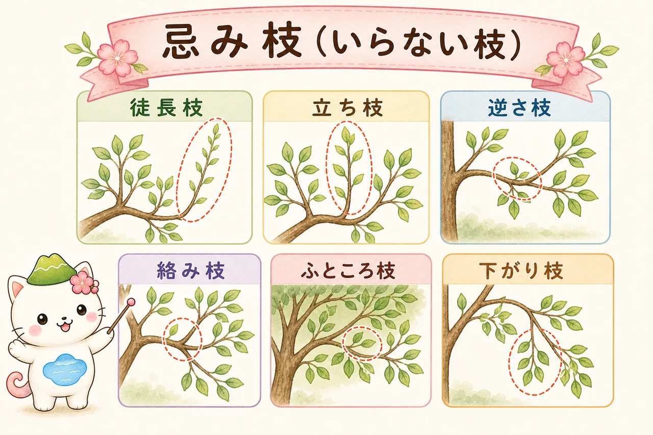 忌み枝（徒長枝・立ち枝・逆さ枝・絡み枝・ふところ枝・下がり枝・ひこばえ）の種類を示す図解