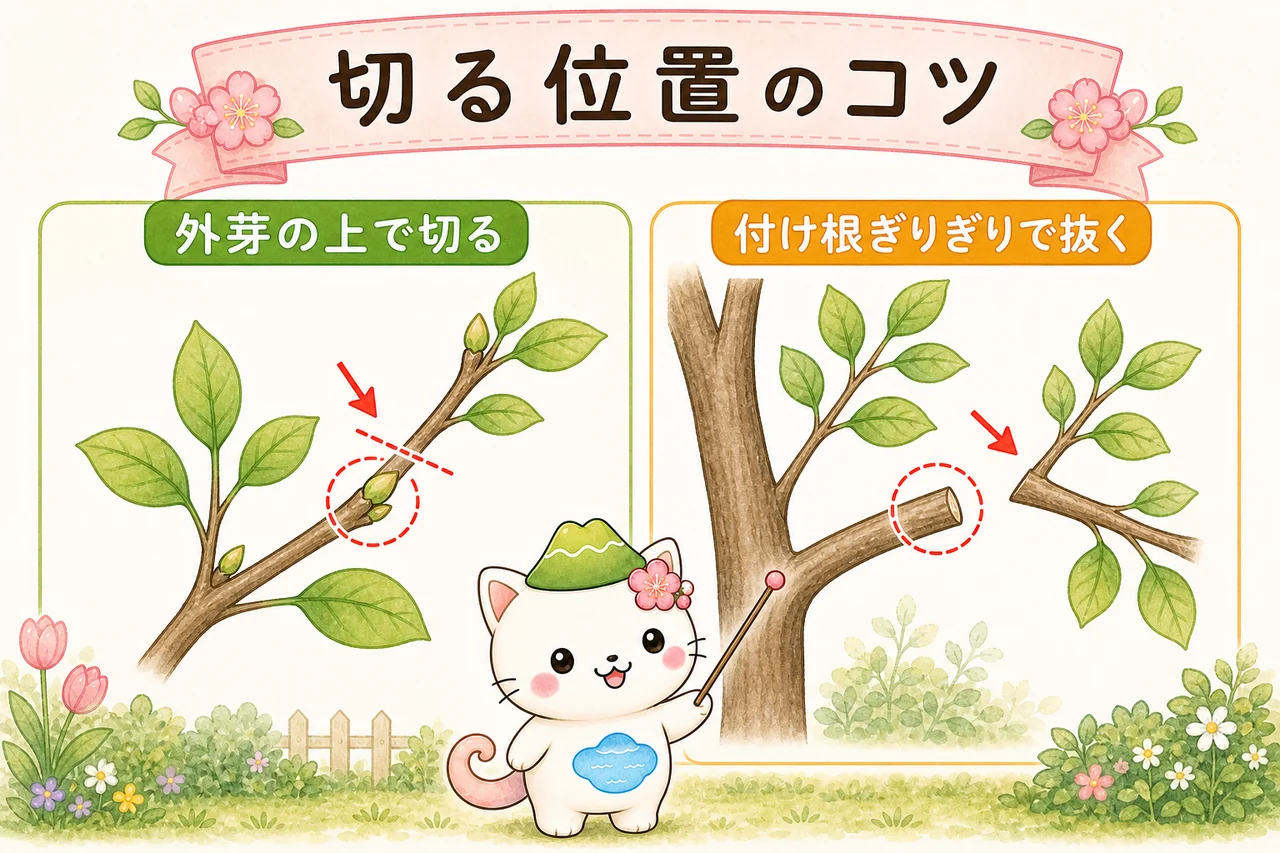 外芽の上で切る切り戻しと、枝を付け根で抜く間引きの正しい切る位置を示す図解