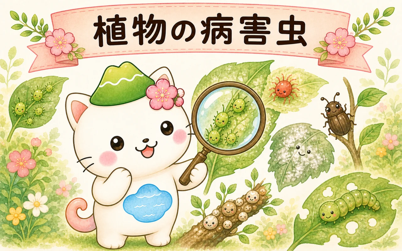 はるにゃさんが植物の病害虫を観察するイラスト
