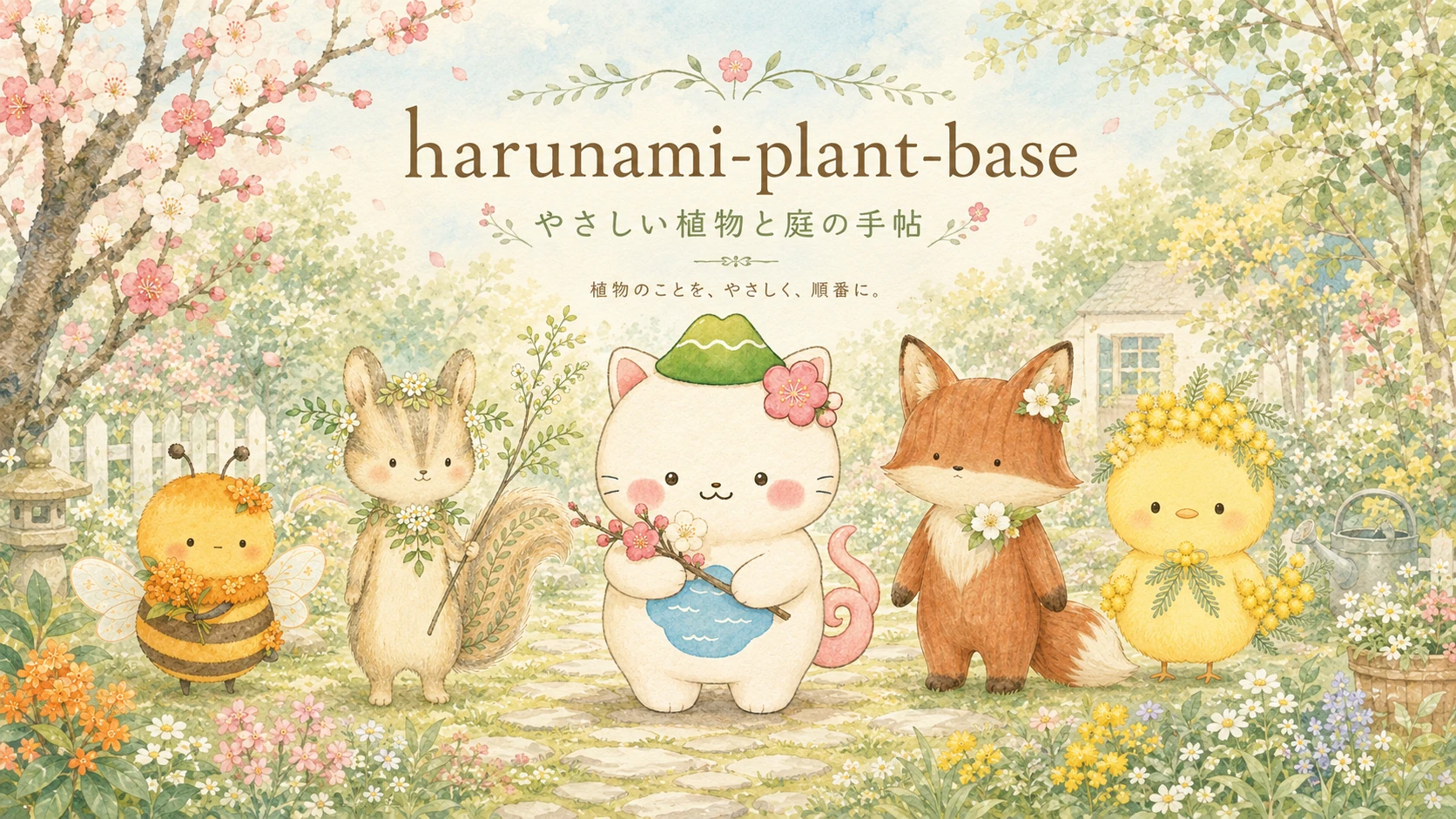 harunami plant base やさしい植物と庭の手帖。案内役のねこ・はるにゃさんと、植物をモチーフにした動物キャラクターたち