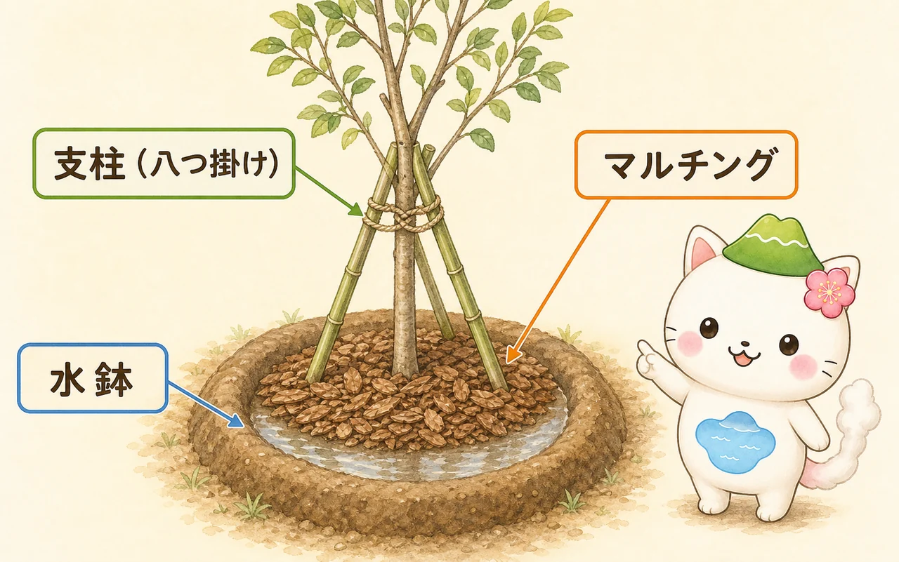 株元に土の縁で作る水鉢、風で揺れないための支柱（添え木や三本支柱）、乾燥を防ぐマルチングの3つの仕上げを示す図解
