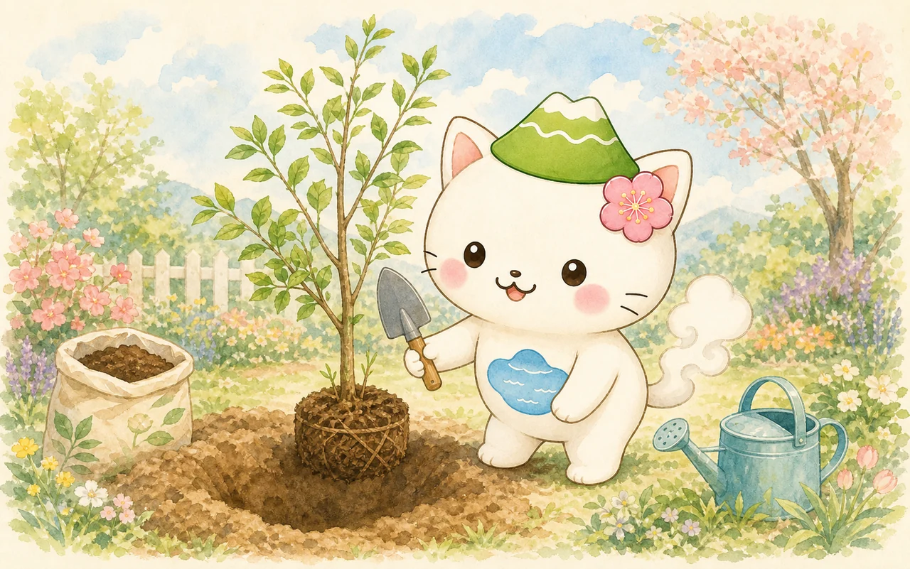 スコップを持ったはるにゃさんが庭木の苗を植えている水彩イラスト