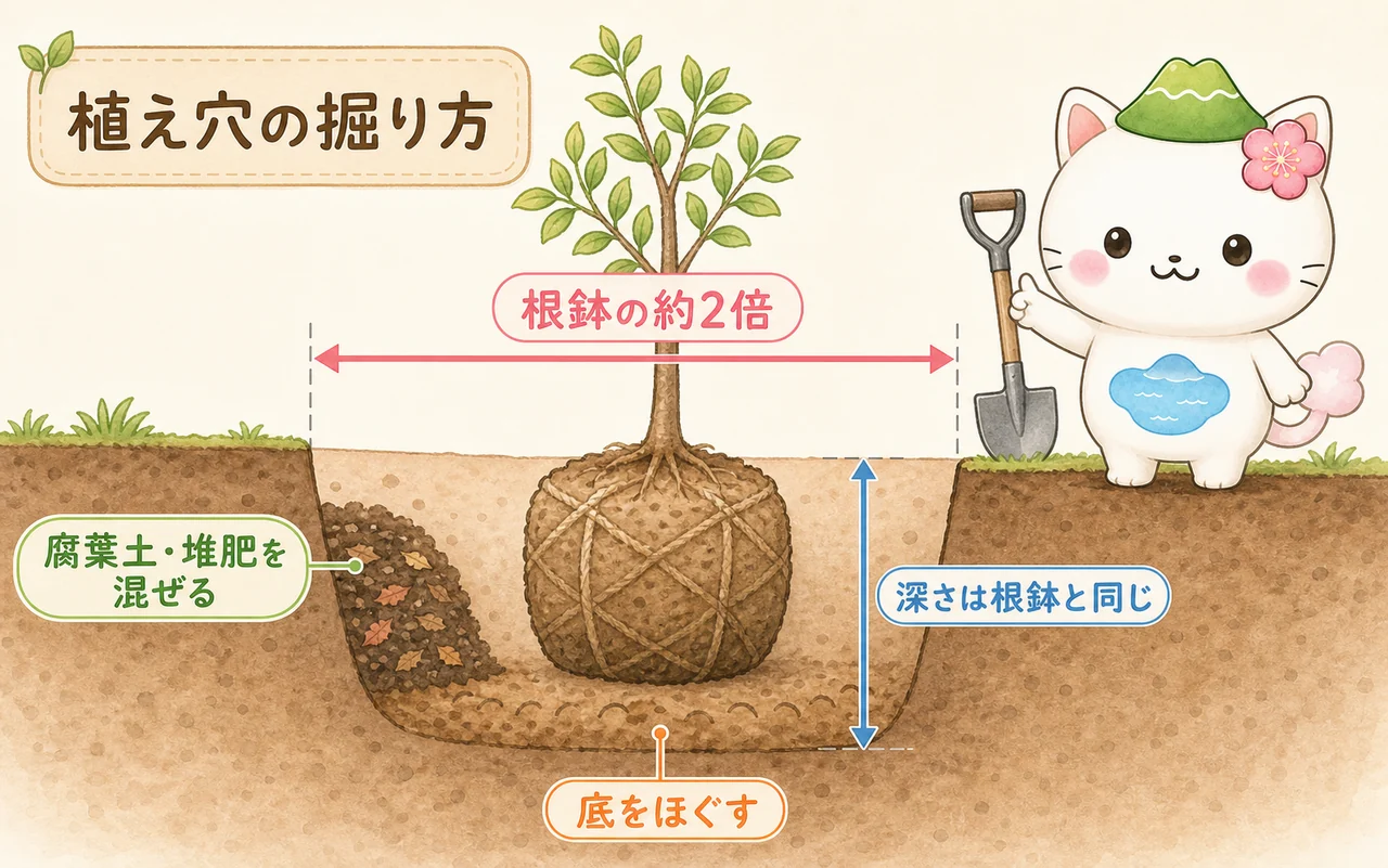 植え穴は根鉢の約2倍の幅で掘り、深さは根鉢と同じくらい、底の土をほぐして腐葉土・堆肥を混ぜることを示す断面図解