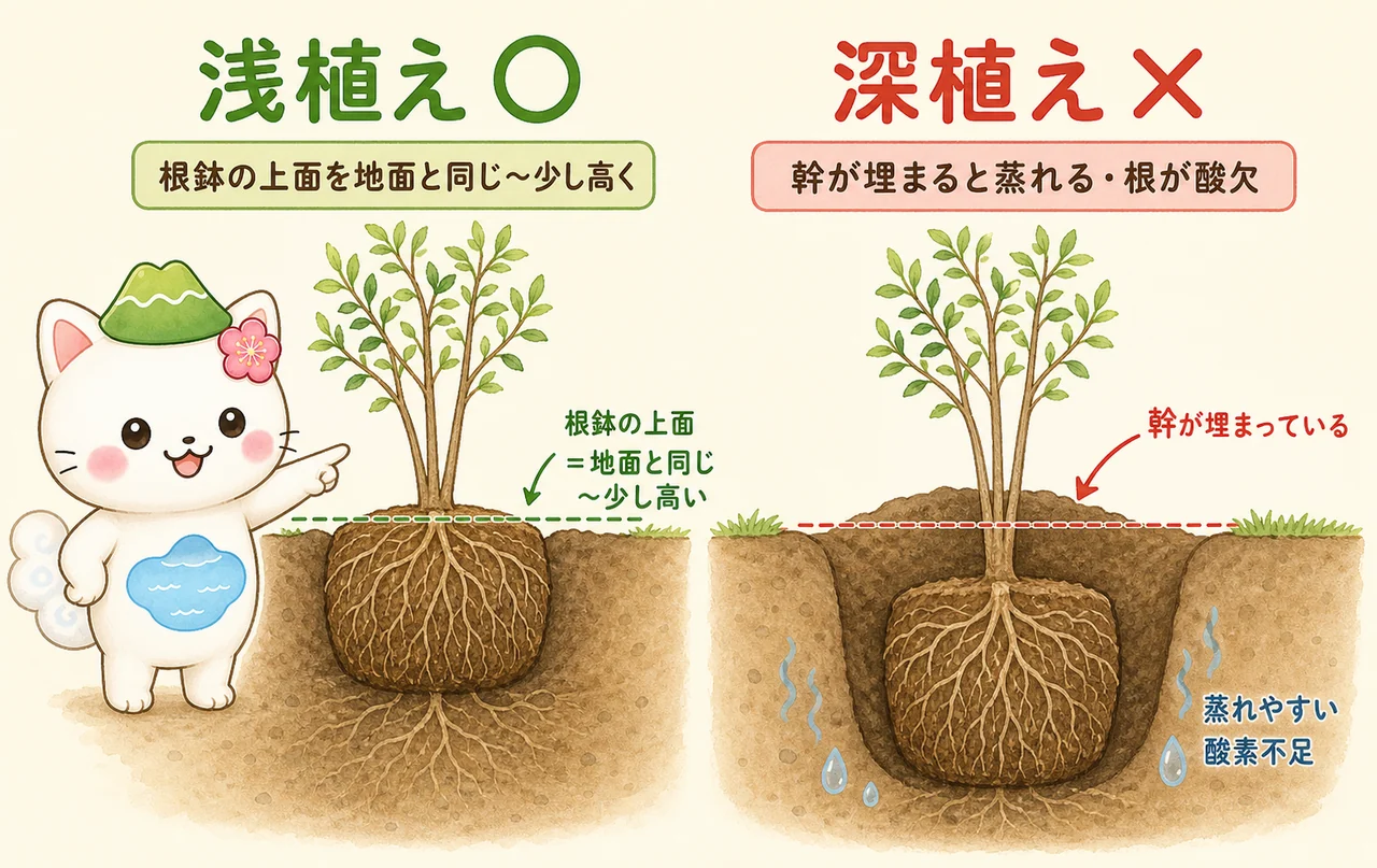 根鉢の上面を地面と同じか少し高くする浅植えが正しく、根鉢を深く埋める深植えはNGであることを比較した図解