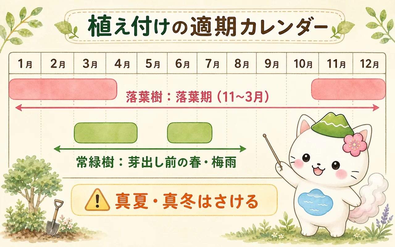 落葉樹は落葉期（11〜3月）、常緑樹は芽出し前の春（3〜4月）と梅雨ごろが植え付け適期であることを示すカレンダー図解