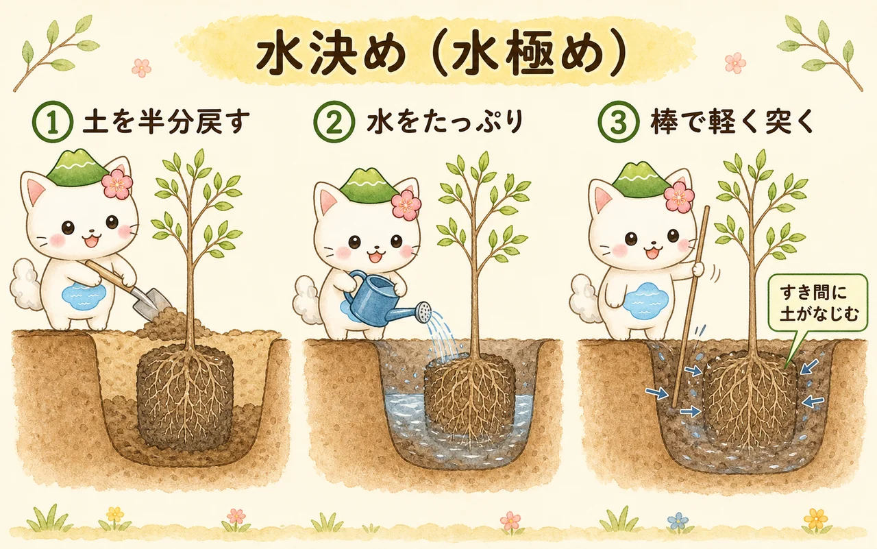 土を半分戻して水を注ぎ、棒で軽く突いて泥状にし、根のすき間に土を流し込む水決め（水極め）の手順を示す図解
