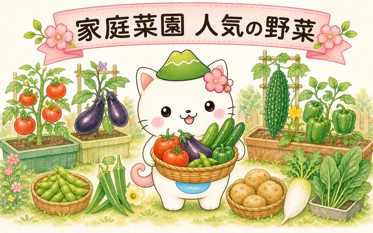 はるにゃさんが家庭菜園で野菜を収穫するイラスト